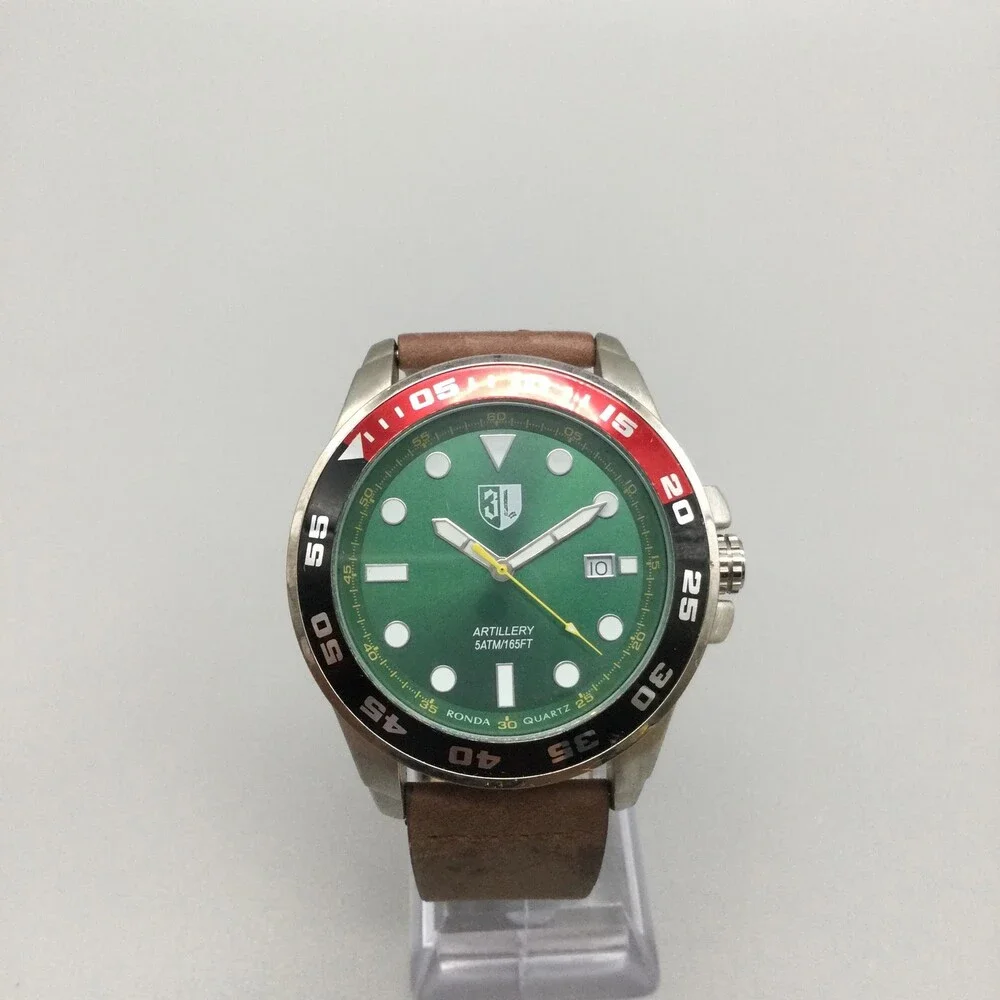 3 Leagues Artillery Mens Watch 46mm Green Dial Coke Bezel Leather Swiss